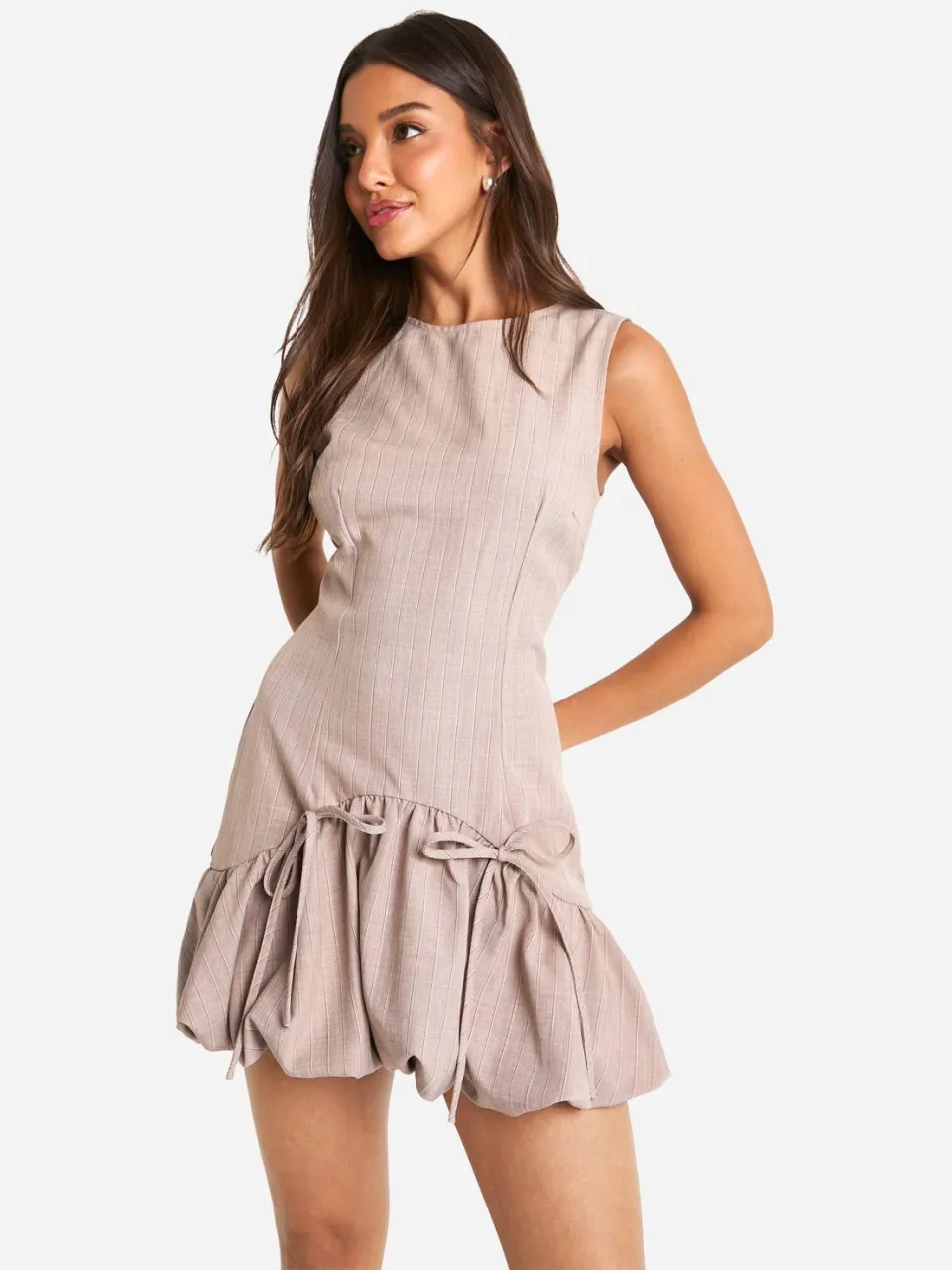 boohoo Dames Bubbelzoom Gestreepte Getailleerde Mini-Jurk bruin, foto 3