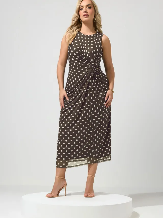 Yours London Chocoladebruine Jurk Met Polkastippen En Knoop-60 Brown