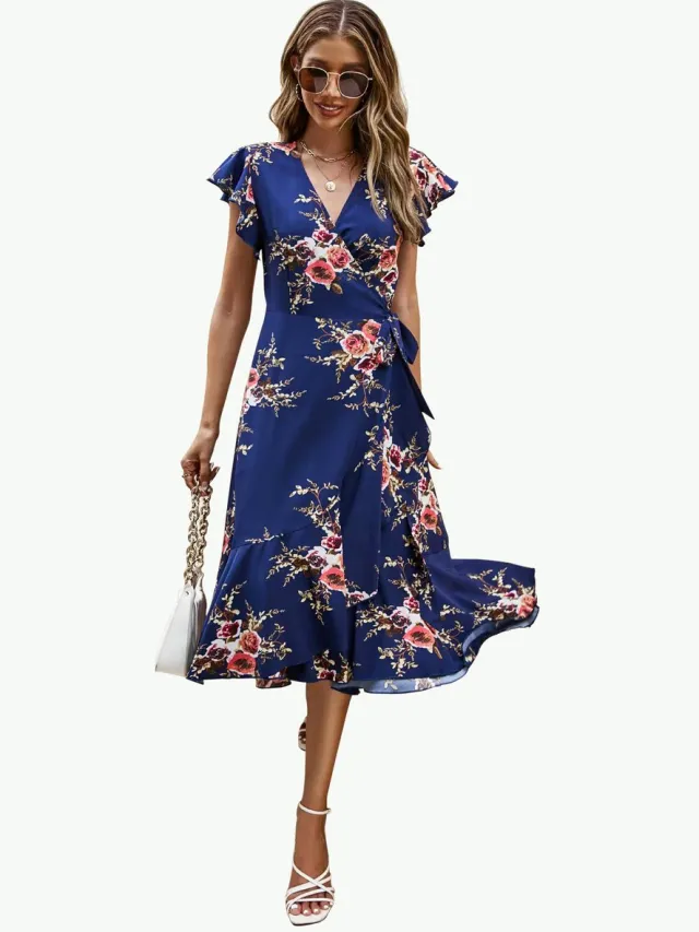 FS Collection Midi-wikkeljurk met ruches en mouwen in marineblauw