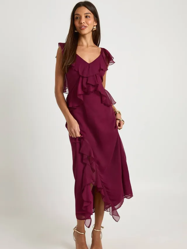 boohoo Dames Midaxi-jurk met ruches en engelenmouwen Bordeaux Rood