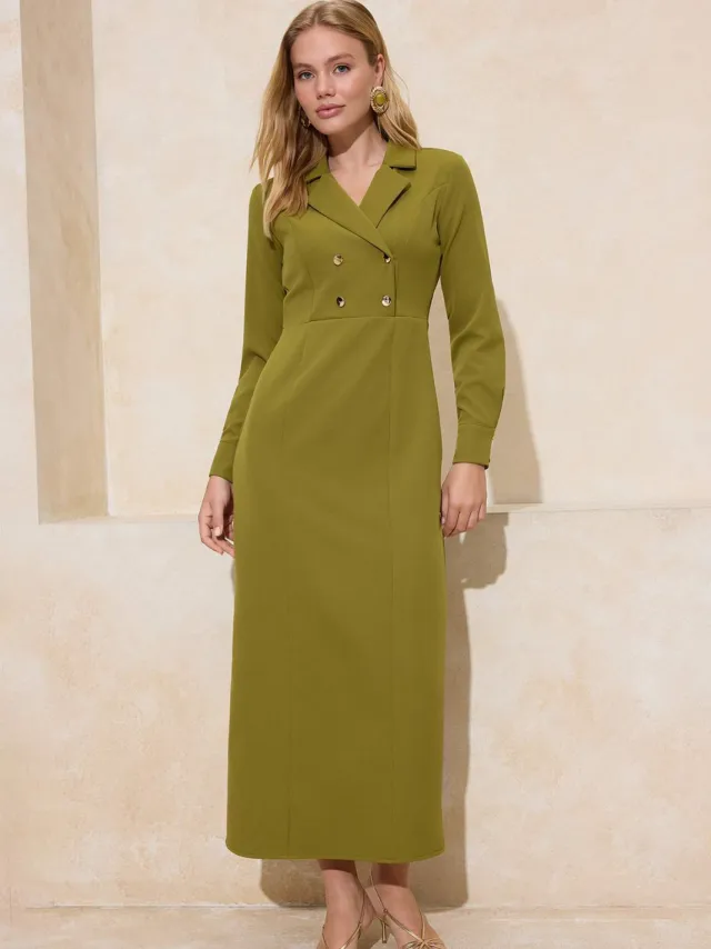 Trendyol Modest Dames Kaki Effen Maxi Driekwart mouw Casual Double-breasted Modest Jurken