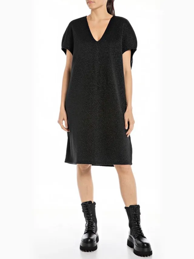 Replay W9081.000.22672 Korte Mouw Jurk Zwart M Vrouw Black Lurex