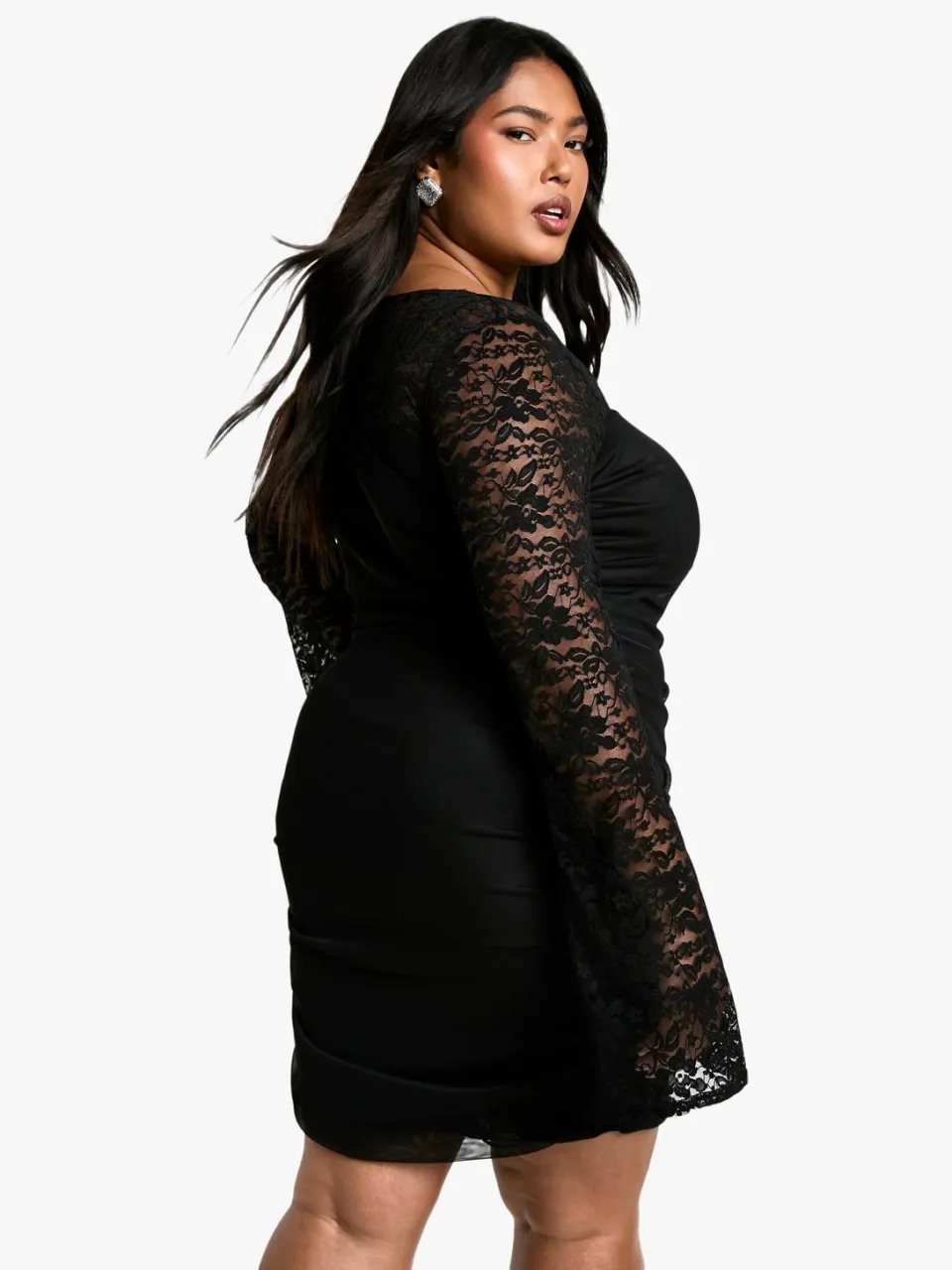 boohoo Dames Plus-maat Mesh Kant Geruched Bodycon Jurk zwart, foto 2