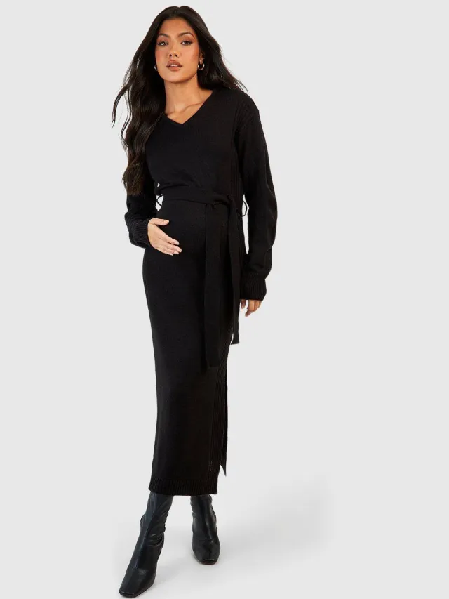 boohoo Dames Maternity Gebreide Split Midaxi Jurk Zwart