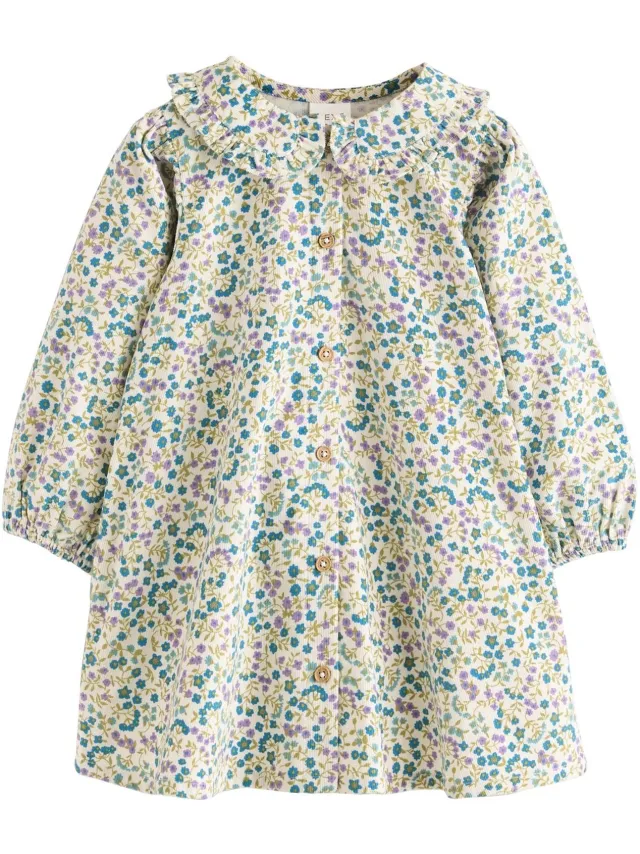 Next Meisjes - Corduroy jurk met 3D-strik en kraag - Crème Blue Ditsy Floral