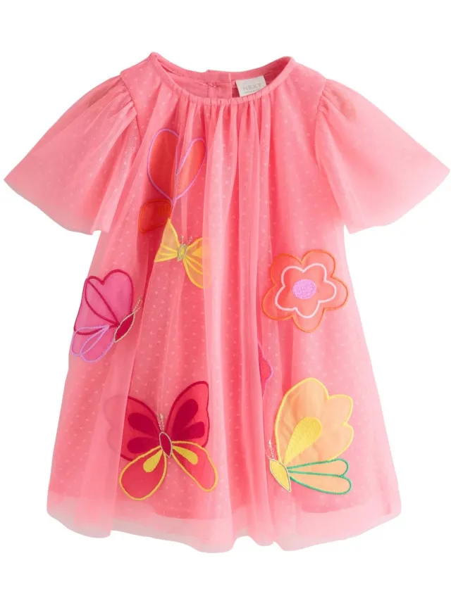 Next Meisjes - Jurk met engelenmouwen van mesh - Roze Coral Butterfly