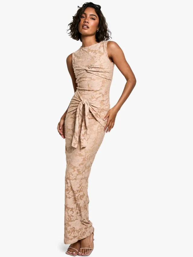 boohoo Dames Lange Burnout Bloemen Tie Twist Maxi-jurk Camel
