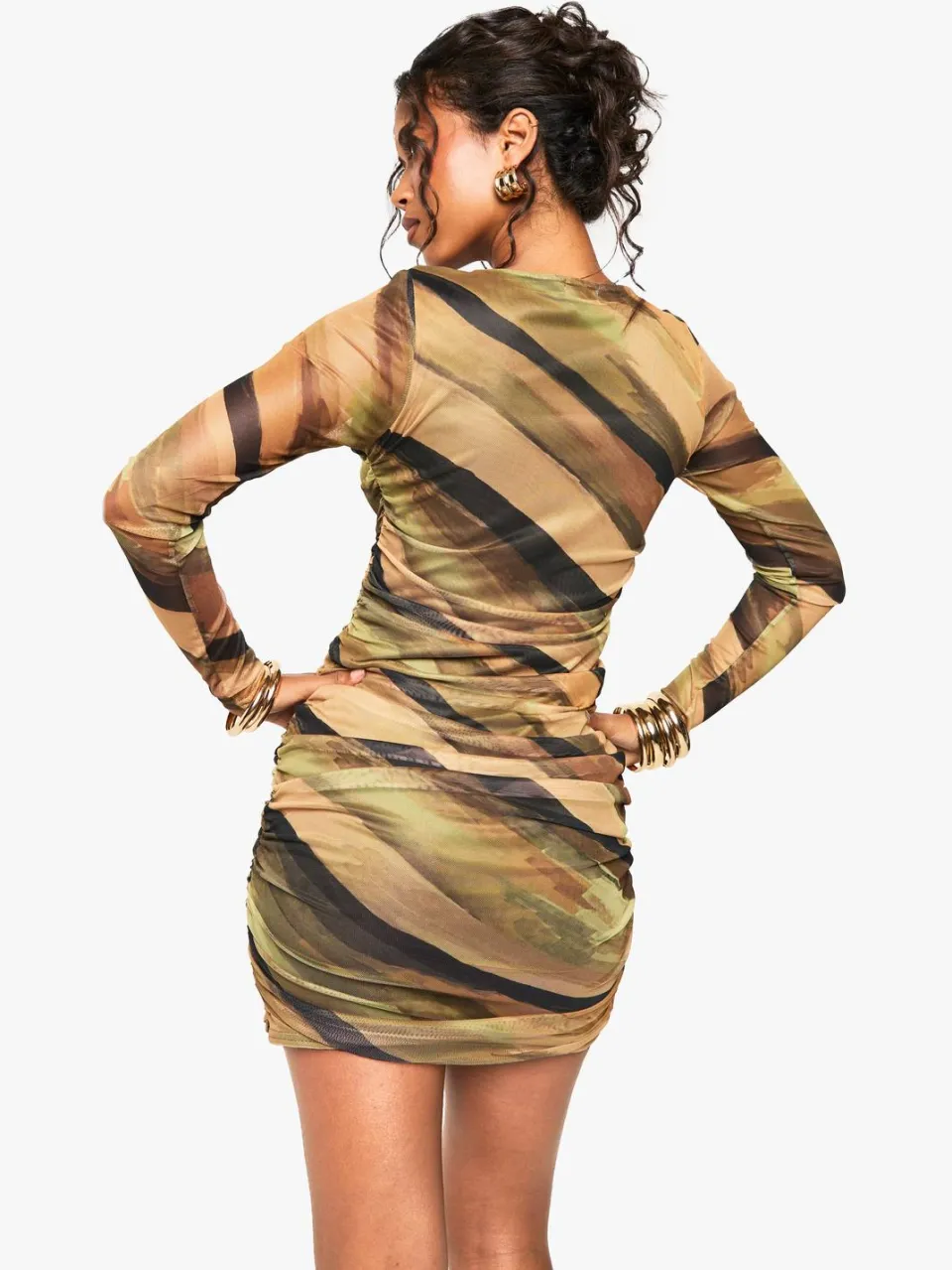 boohoo Dames Abstract Mesh Ruched Mini Jurk olijf, foto 2