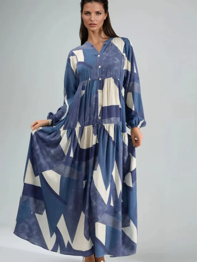 Hiccup Geprinte Lange Mouwen Viscose Maxi Jurk Marineblauw