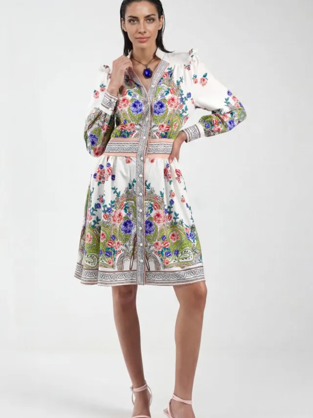 MSN Collection Fleurige Paisley V-Hals Mini Skater Jurk Groen