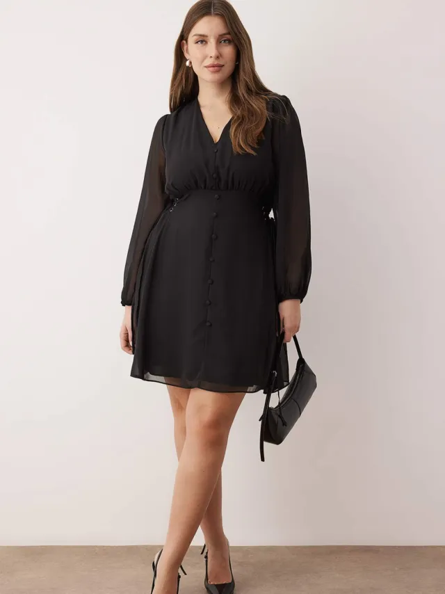 Trendyol Curve Dames Zwart Effen Kort / Mini Lang Avond / Dagelijks Skater Grote maten Jurk