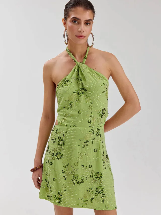 Harper & Yve Sora halterjurk met pailletten groen, foto 4