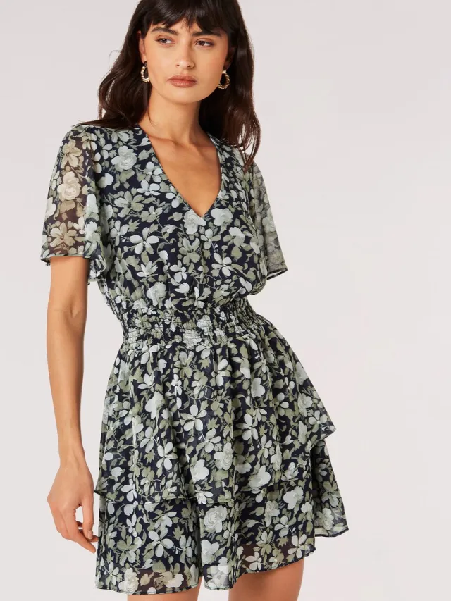 Apricot Mini-jurkje met rozenprint in waterverfstijl Marine