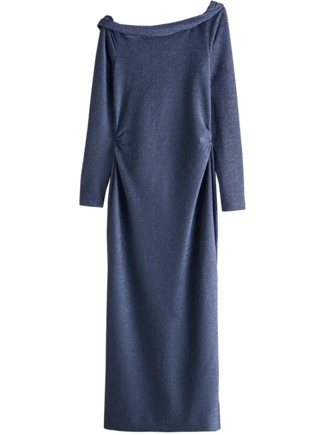 Next Dames - Halflange Bardot-jurk met lange mouwen en glitters, petite - Petite - Blauw Navy Blue