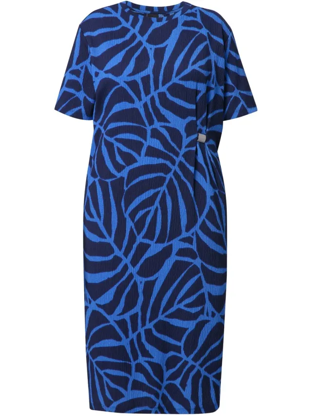 Ulla Popken Dames - Midi-jurk bladeren oversized ronde hals korte mouwen - Marine - Maat 62+