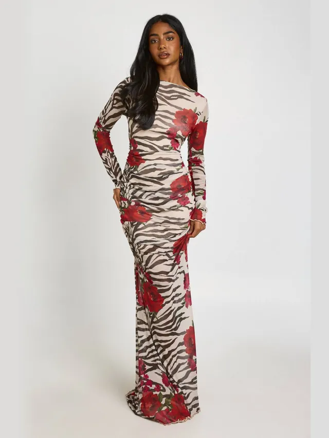 boohoo Dames Maxi Jurk Met Gemengde Dierenprint En Gerimpeld Lijfje Steen