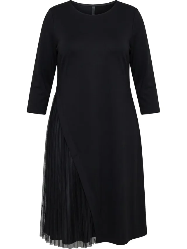 Ulla Popken Dames - Jersey midi-jurk plissé-inzetstuk A-lijn ronde hals - Zwart - Maat 50+