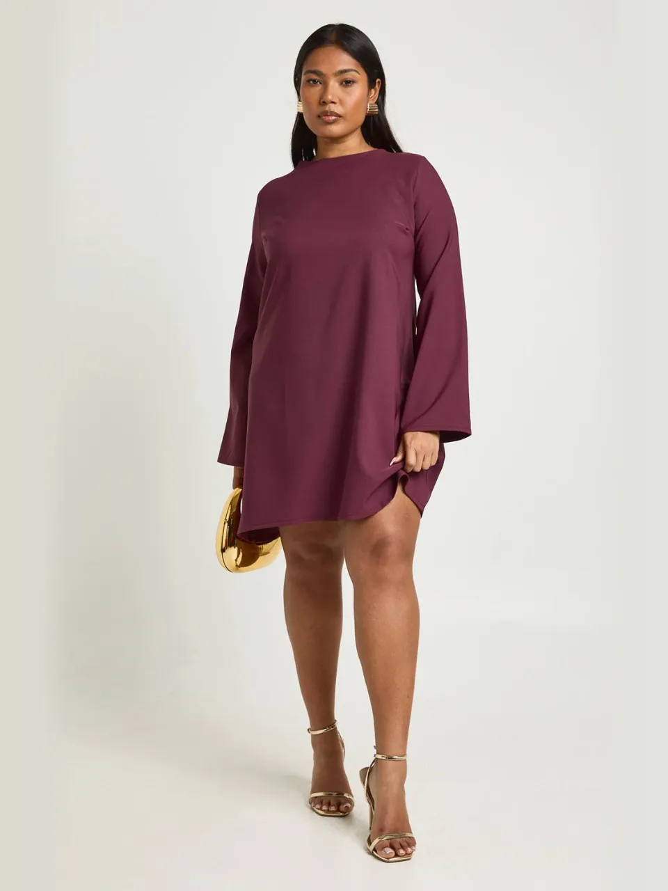 boohoo Dames Plus Wijdvallende Mouwen Strikdetail Rug Shift Jurk pruim, foto 3
