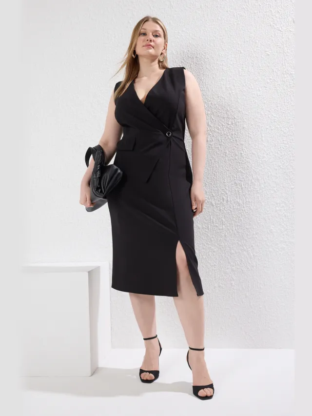 Trendyol Curve Dames Zwart Effen Midi Mouwloos Zakelijk Blazer Jurk Grote maten Jurk