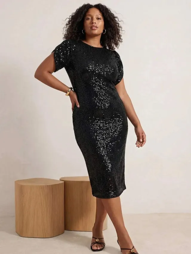 Trendyol Curve Dames Zwart Effen Midi Kort Stijlvol/Avond Bodycon Grote maten Jurk