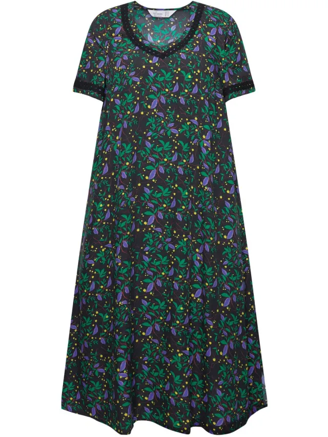 MIAMODA Dames - Maxi-jurk A-lijn bladerenmotief korte mouwen - Bosgroen
