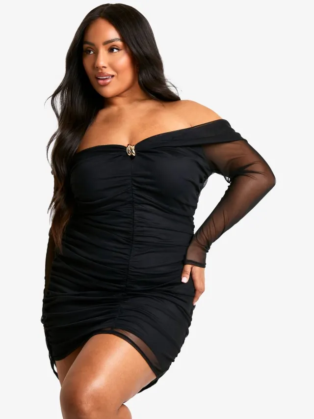 boohoo Dames Plus Mesh Off Shoulder Trim Ruched Bodycon Jurk Zwart