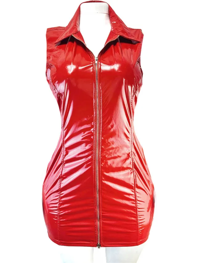 BamBella Jurk - Rood Rollenspel sm dames sexy Glans kleding mix van Latex en stof Datex