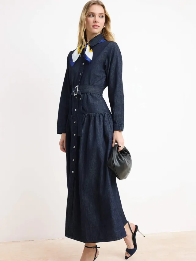 Trendyol TRENDYOLMİLLA Dames Blauw Effen Maxi Lang Casual Blousejurk Jurken