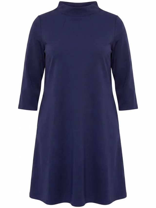 Ulla Popken Dames - Punto jurk A-lijn opstaande kraag 3/4-mouwen zakken - Marine - Maat 54+