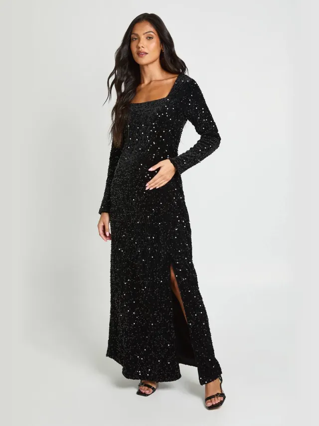 boohoo Dames Zwangerschaps Maxi Jurk Met Vierkante Hals En Lange Mouwen Zwart