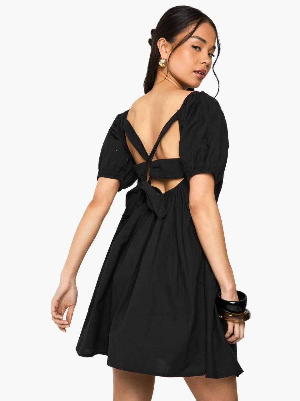 boohoo Dames Linnen Puffmouw Smock Mini-jurk zwart, foto 3
