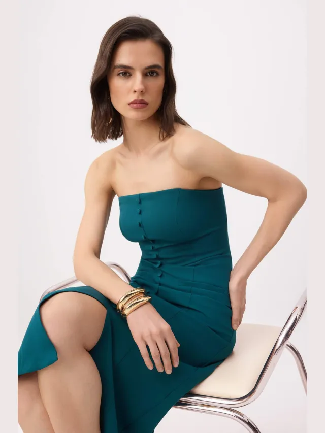 Trendyol TRENDYOLMİLLA Dames Groen Effen Midi Mouwloos Recht Jurken, foto 2