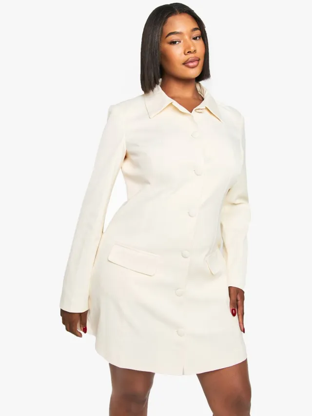 boohoo Dames Plus getailleerde jurk met kraag en knoopsluiting Ecru