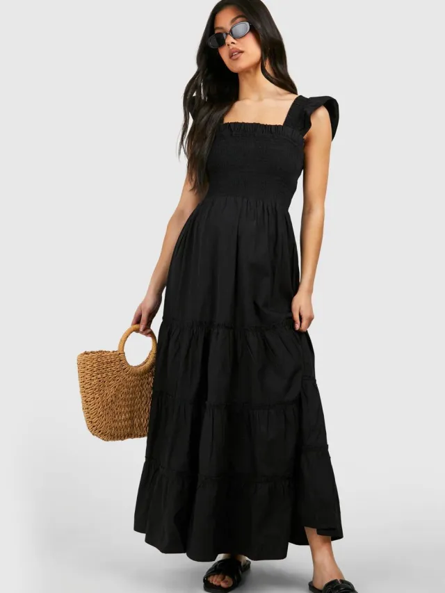 boohoo Dames Maternity Frill Sleeve Midaxi Dress Zwart
