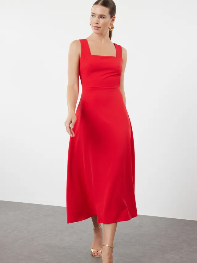 Trendyol TRENDYOLMİLLA Dames Rood Effen Maxi Mouwloos Gala Skater Jurken