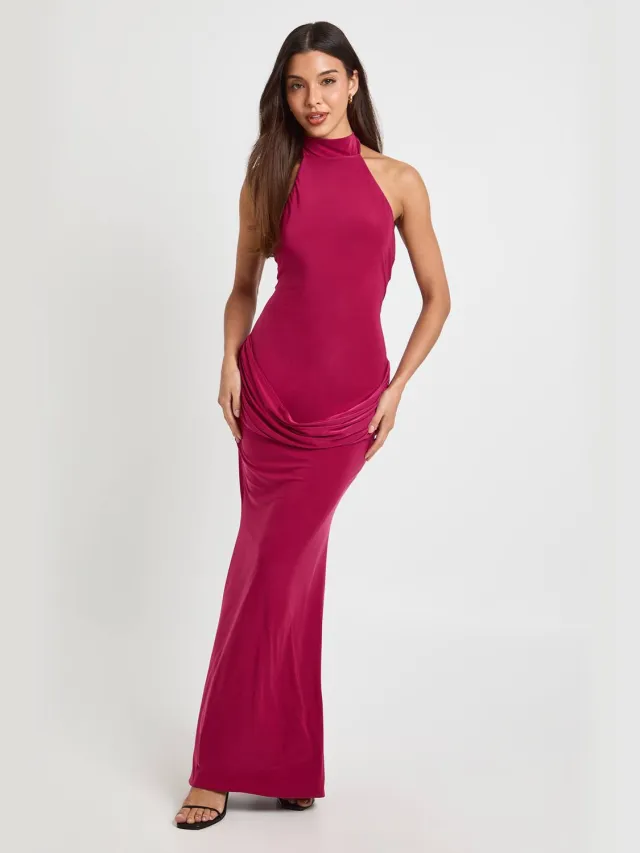 boohoo Dames Maxi Jurk Met Hoge Hals En Drapeerdetail Zonder Mouwen Roze