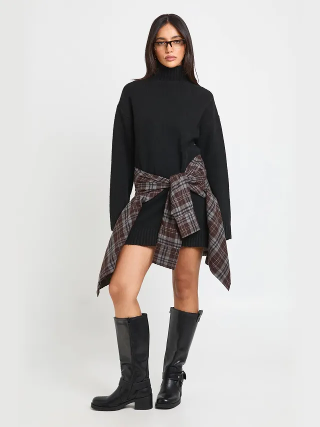 boohoo Dames Gebreide Mini-jurk Met Hoge Kraag Zwart