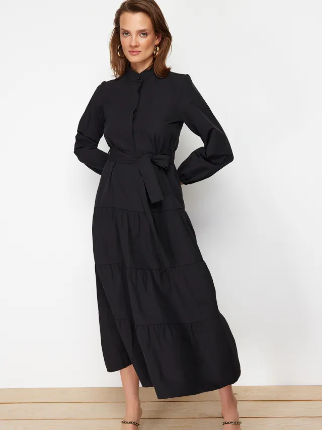 Trendyol Modest Dames Zwart Effen Maxi Lang Casual A-lijn Modest Jurken