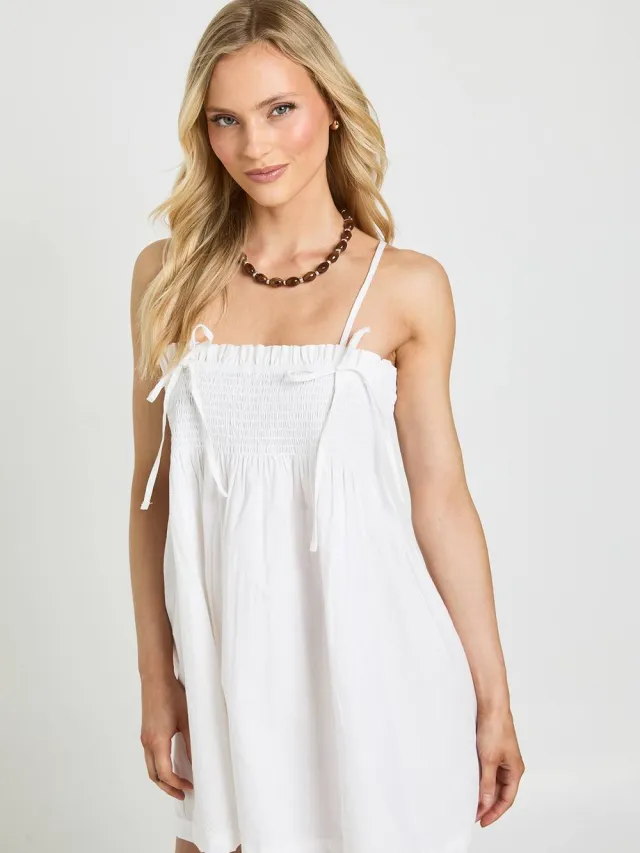 boohoo Dames Petite Mini Smock Jurk Met Gerimpeld Detail wit, foto 2