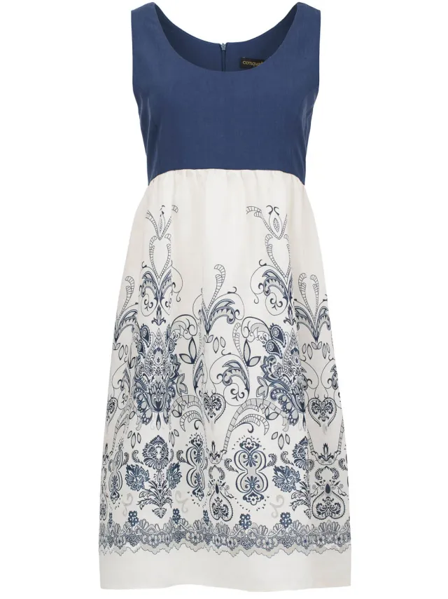 Conquista Elegante Mouwloze A-lijn Jurk met Geborduurde Rok - Blauw en Wit Marineblauw