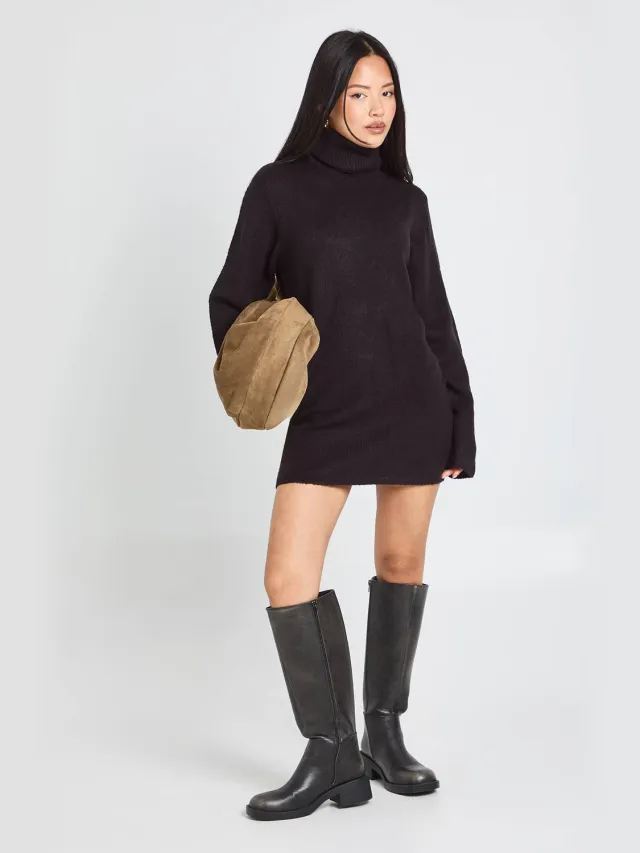 boohoo Dames Petite rolkraag grofgebreide mini-jurk Zwart