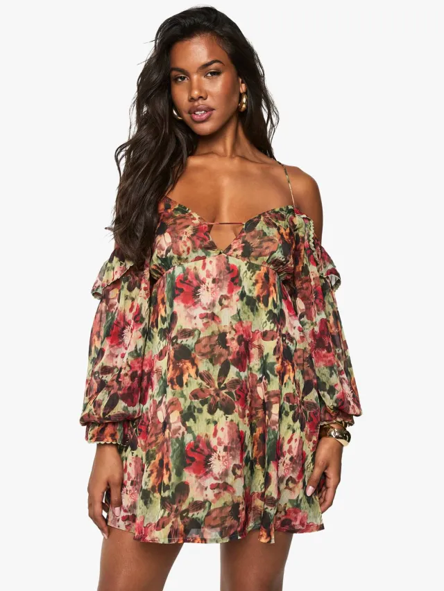 boohoo Dames Bloemenprint Chiffon Gelaagde Mini-Jurk met Open Schouders Groente