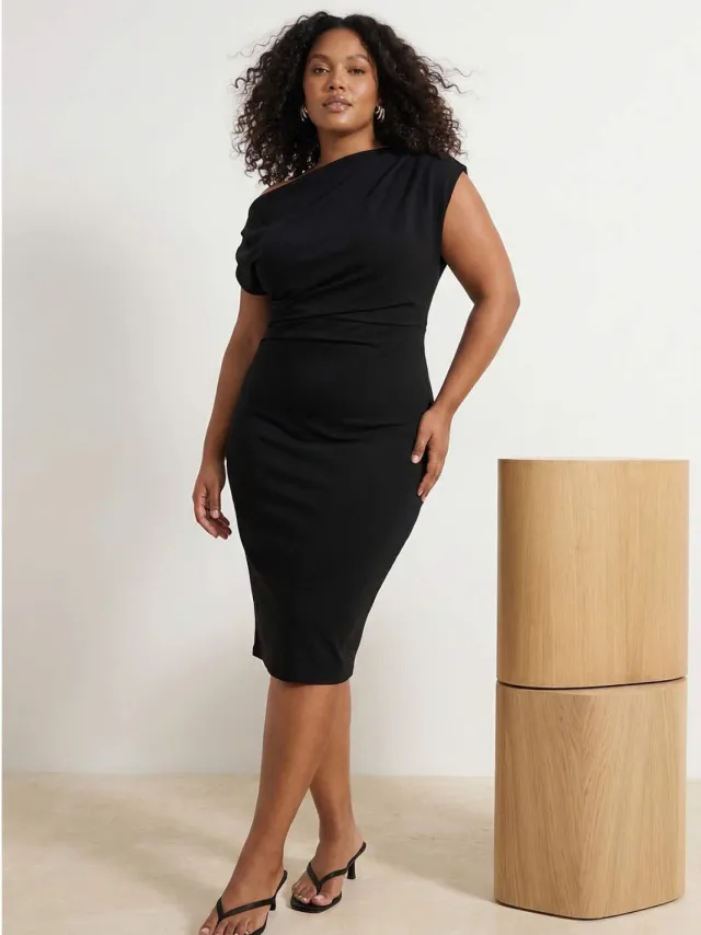 Trendyol Curve Dames Zwart Effen Midi Mouwloos Casual Bodycon Grote maten Jurk
