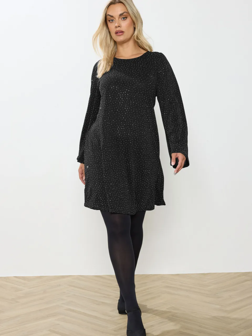 Yours Zwarte Sparkle Flute Sleeve Swing Jurk, foto 3