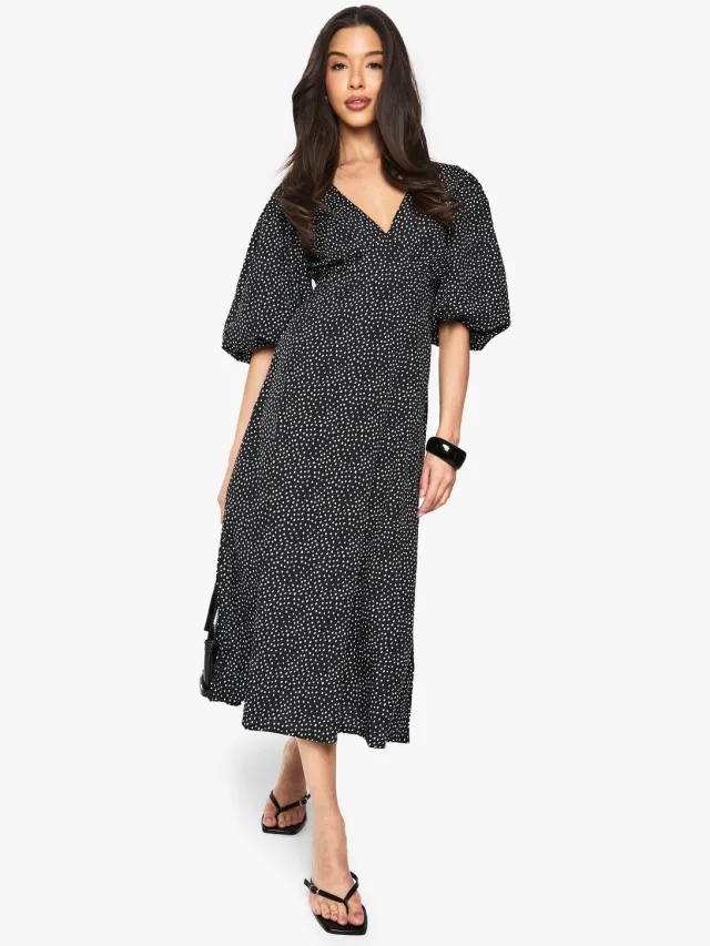 boohoo Dames Polkadot midijurk met pofmouwen en strikdetail op de rug Zwart