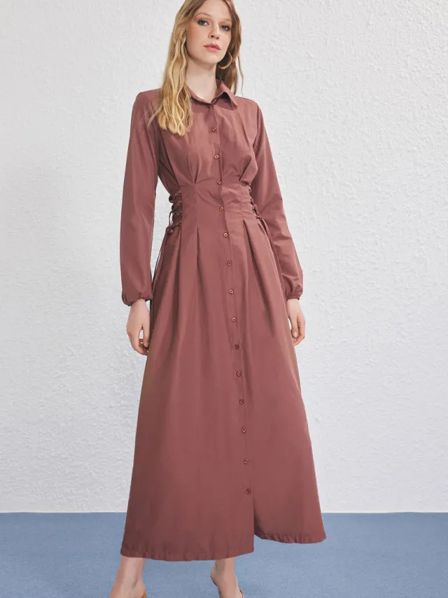 Trendyol Modest Dames Bruin Effen Maxi Lang Casual Skater Modest Jurken