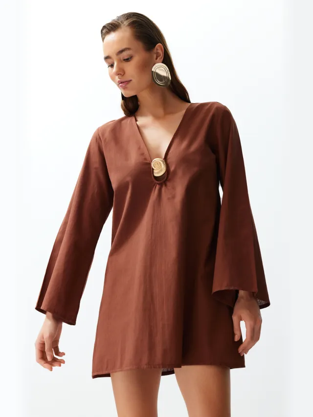 Trendyol TRENDYOLMİLLA Dames Bruin Effen Extra Kort / Super Mini Lang Strandkleding A-lijn Strandjurken