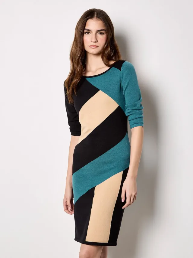 Apricot Colour Block Panel Knitted Mini Dress Teal/Multi