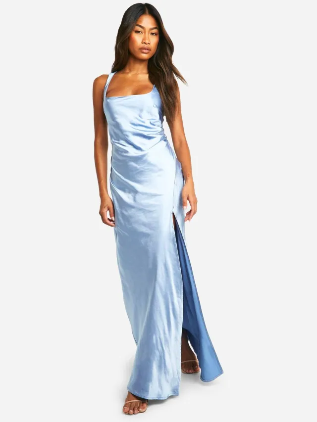 boohoo Dames Bruidsmeisje Satijn Maxi Jurk met Vierkante Hals Blauw