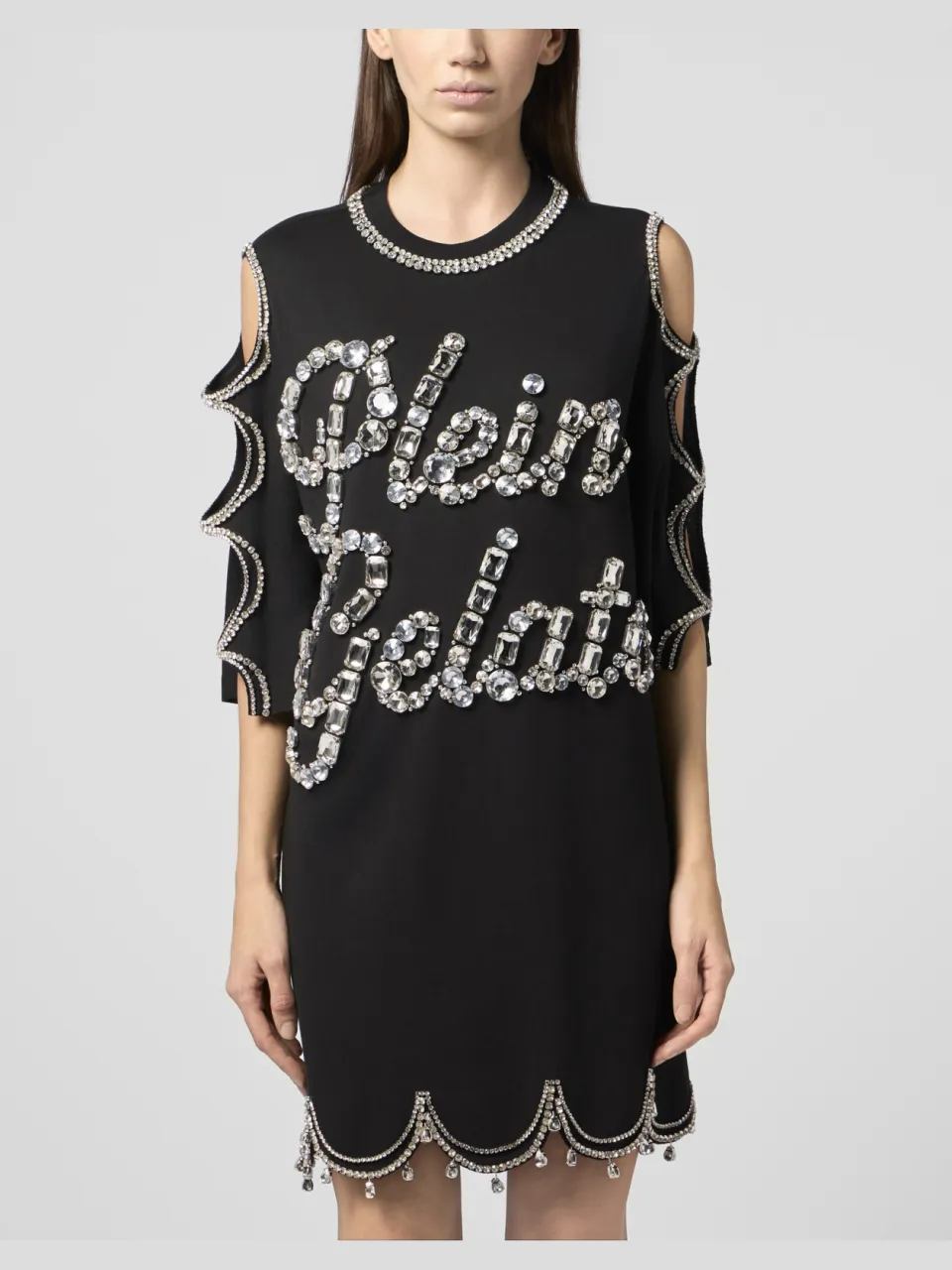 Philipp Plein Mini T-Shirt Dress Crystal Waves Zwart